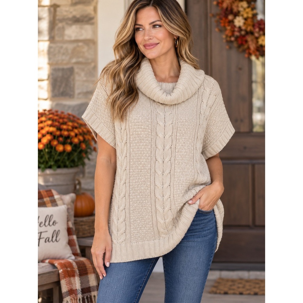 Hannah Womens L/XL Cream Cable Knit Tunic Sweater Cowl Neck Wool Blend Cozy Fall
